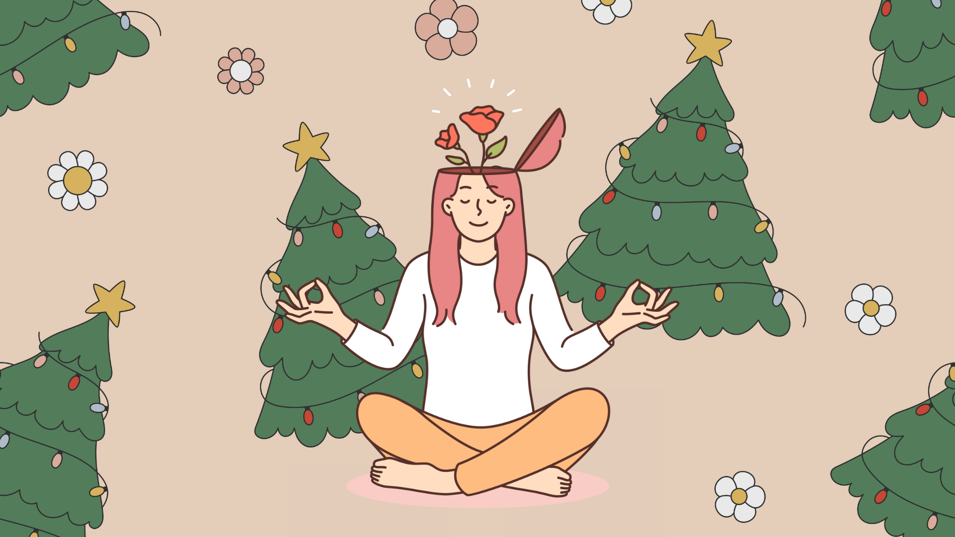 Illustration of a woman meditating surrounded by Christmas trees.